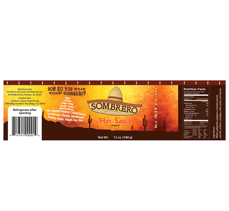 Packaging label for Sombrero Hot Sauce